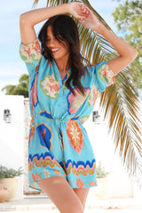 Loula Playsuit - Collared Buttoned Bodice Playsuit with Drawstring Waist in Boardwalk Print