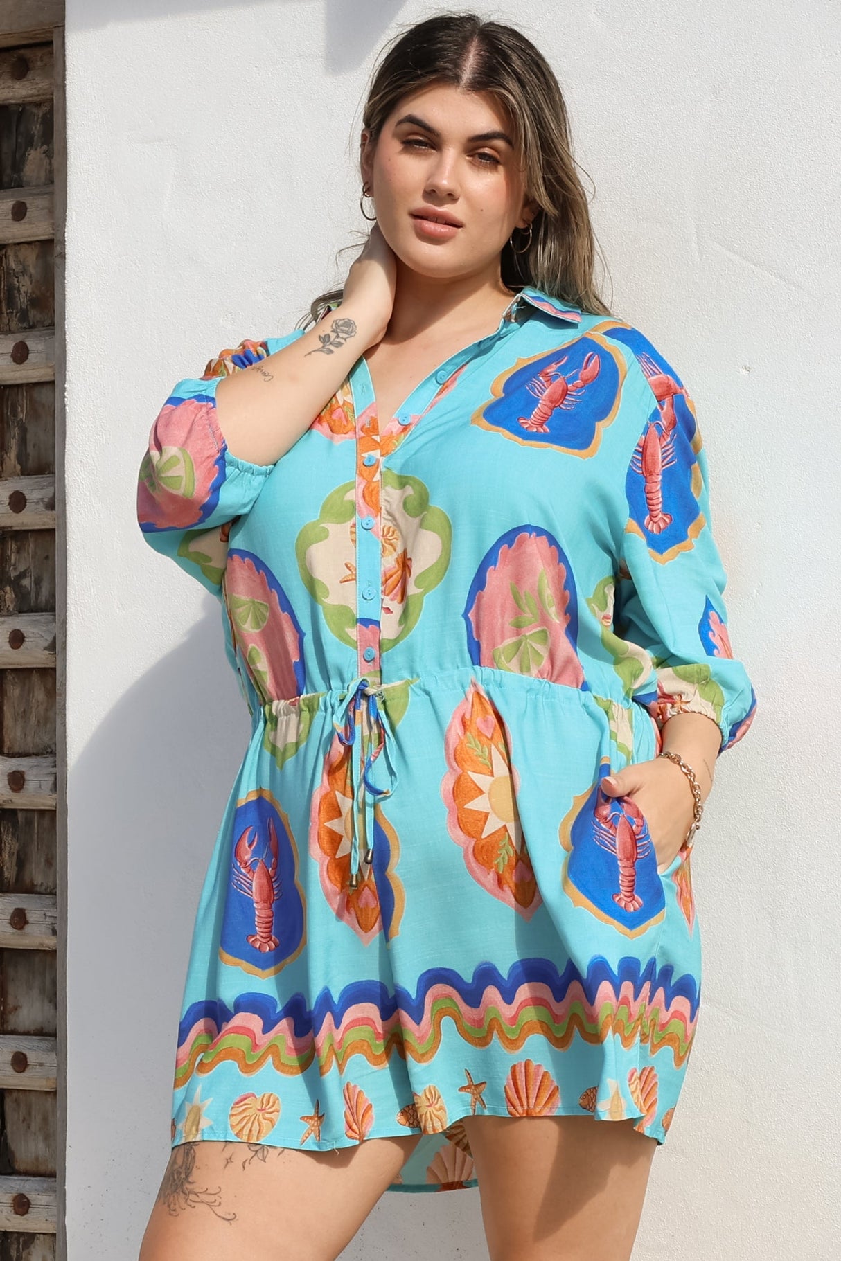 Loula Playsuit - Collared Buttoned Bodice Playsuit with Drawstring Waist in Boardwalk Print