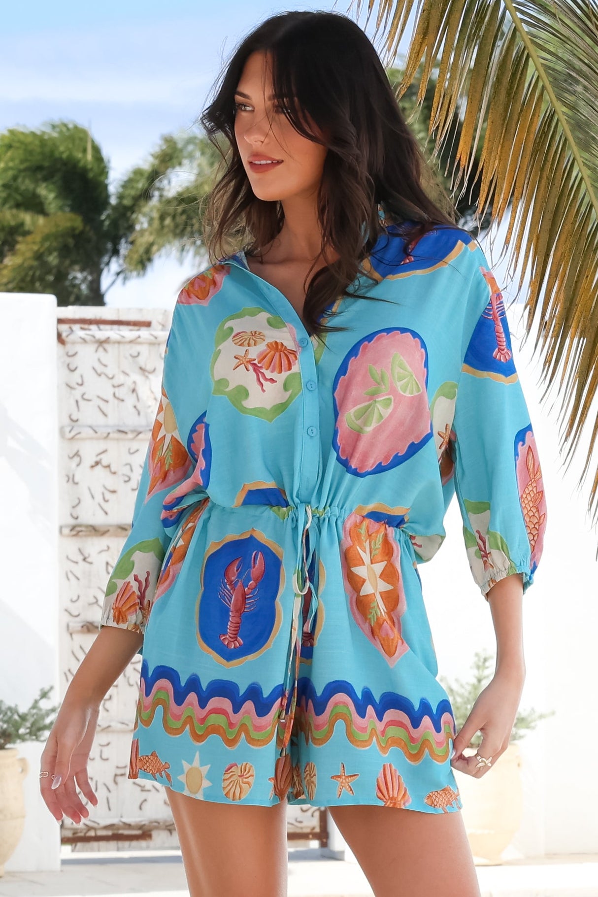 Loula Playsuit - Collared Buttoned Bodice Playsuit with Drawstring Waist in Boardwalk Print