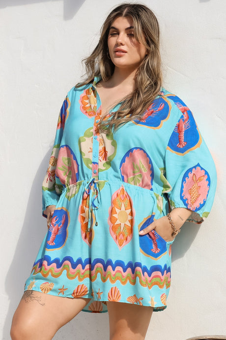 Loula Playsuit - Collared Buttoned Bodice Playsuit with Drawstring Waist in Boardwalk Print