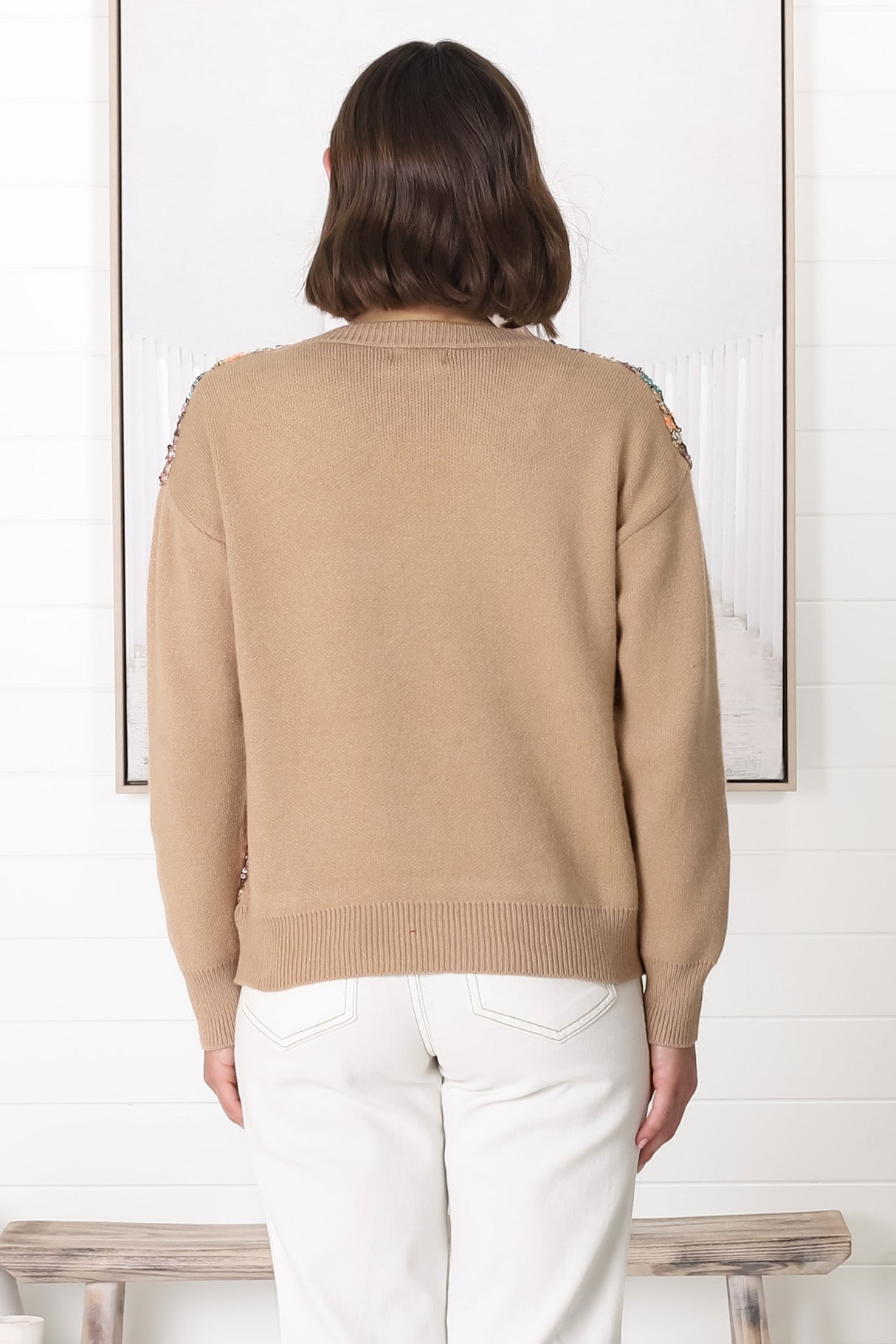 Lovey Jumper - Crew Neck Sequin Decal Jumper in Camel