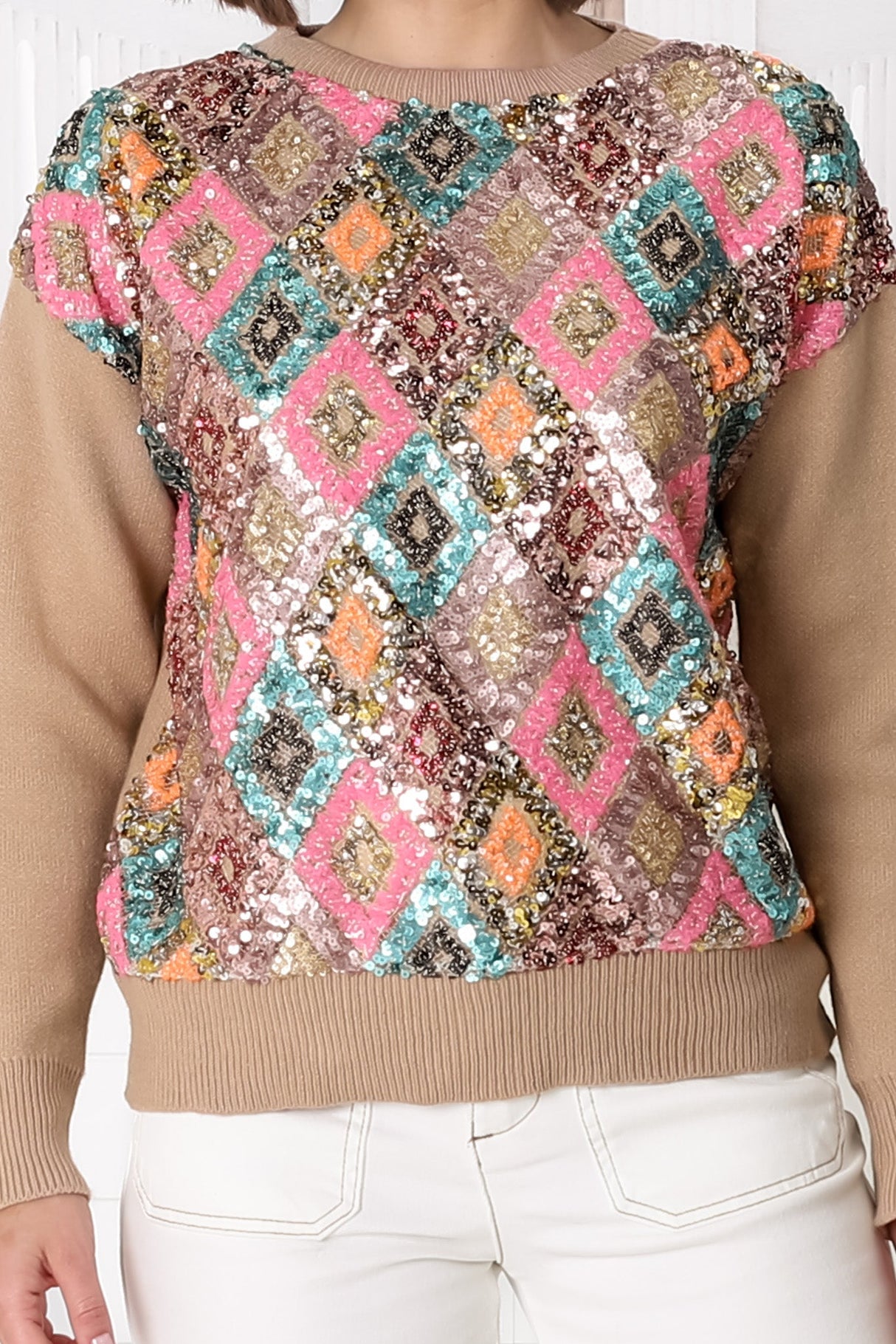 Lovey Jumper - Crew Neck Sequin Decal Jumper in Camel