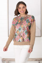 Lovey Jumper - Crew Neck Sequin Decal Jumper in Camel