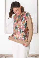 Lovey Jumper - Crew Neck Sequin Decal Jumper in Camel