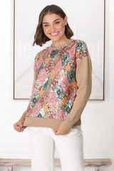 Lovey Jumper - Crew Neck Sequin Decal Jumper in Camel