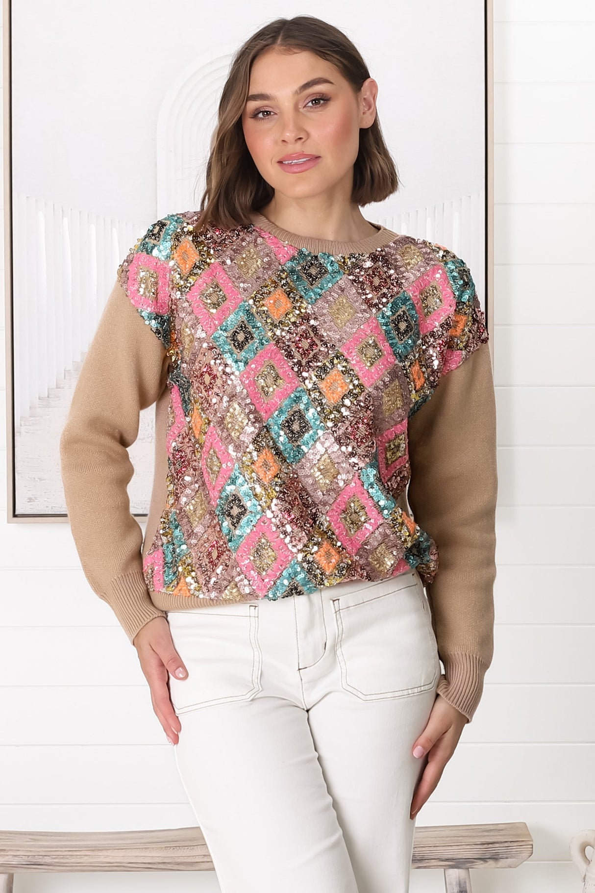 Lovey Jumper - Crew Neck Sequin Decal Jumper in Camel