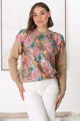 Lovey Jumper - Crew Neck Sequin Decal Jumper in Camel