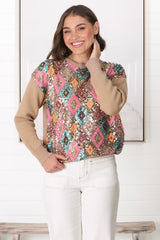 Lovey Jumper - Crew Neck Sequin Decal Jumper in Camel