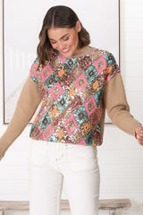 Lovey Jumper - Crew Neck Sequin Decal Jumper in Camel