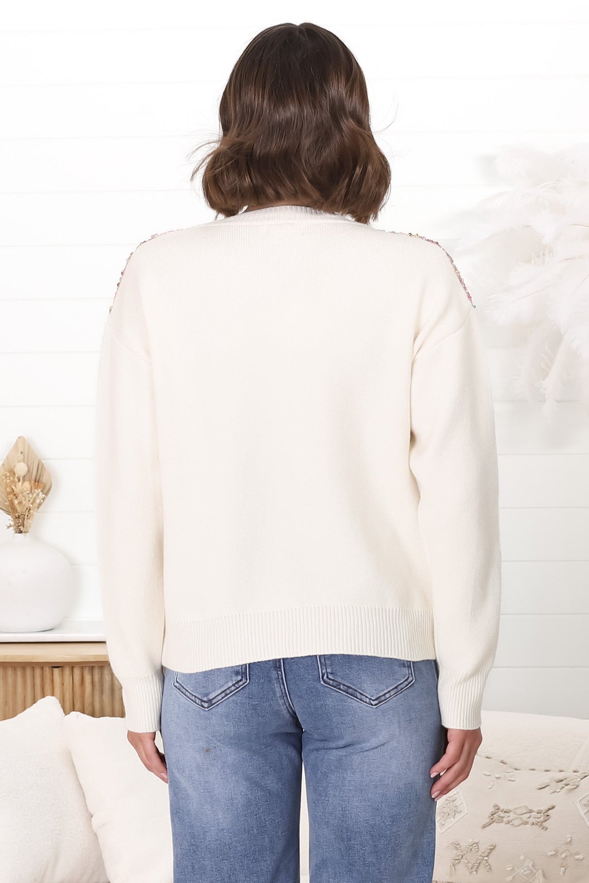 Lovey Jumper - Crew Neck Sequin Decal Jumper in Cream