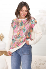 Lovey Jumper - Crew Neck Sequin Decal Jumper in Cream