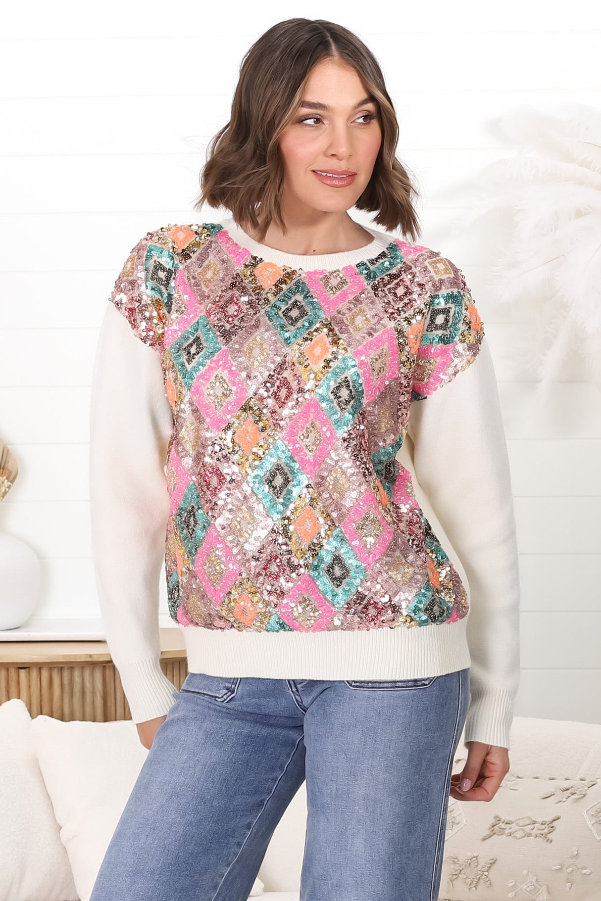 Lovey Jumper - Crew Neck Sequin Decal Jumper in Cream