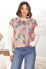 Lovey Jumper - Crew Neck Sequin Decal Jumper in Cream