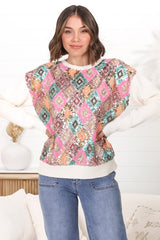 Lovey Jumper - Crew Neck Sequin Decal Jumper in Cream