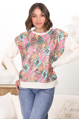 Lovey Jumper - Crew Neck Sequin Decal Jumper in Cream