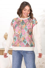 Lovey Jumper - Crew Neck Sequin Decal Jumper in Cream