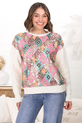 Lovey Jumper - Crew Neck Sequin Decal Jumper in Cream