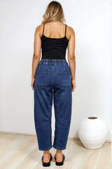 Lowen Barrel Jeans - Elasticated Waist Patch Pocket & Knee Detail Jeans in Dark Denim