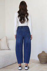 Lowen Barrel Jeans - Elasticated Waist Patch Pocket & Knee Detail Jeans in Dark Denim