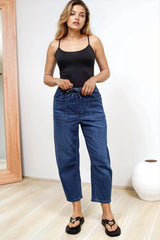 Lowen Barrel Jeans - Elasticated Waist Patch Pocket & Knee Detail Jeans in Dark Denim