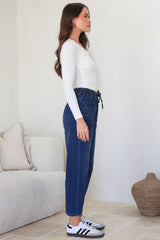 Lowen Barrel Jeans - Elasticated Waist Patch Pocket & Knee Detail Jeans in Dark Denim