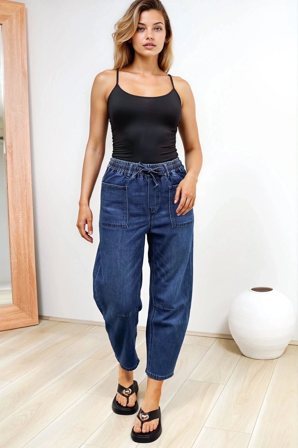 Lowen Barrel Jeans - Elasticated Waist Patch Pocket & Knee Detail Jeans in Dark Denim