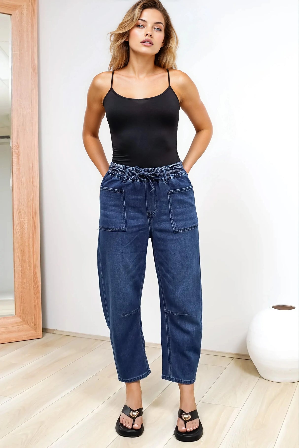 Lowen Barrel Jeans - Elasticated Waist Patch Pocket & Knee Detail Jeans in Dark Denim