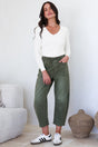 Model wearing Lowen Barrel Jeans in Khaki from Salty Crush