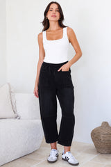 Lowen Barrel Jeans - Elasticated Waist Patch Pocket & Knee Detail Jeans in Black