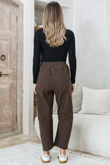 Lowen Barrel Jeans - Elasticated Waist Patch Pocket & Knee Detail Jeans in Chocolate
