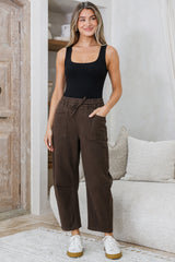 Lowen Barrel Jeans - Elasticated Waist Patch Pocket & Knee Detail Jeans in Chocolate