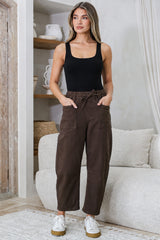 Lowen Barrel Jeans - Elasticated Waist Patch Pocket & Knee Detail Jeans in Chocolate