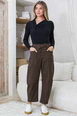 Lowen Barrel Jeans - Elasticated Waist Patch Pocket & Knee Detail Jeans in Chocolate