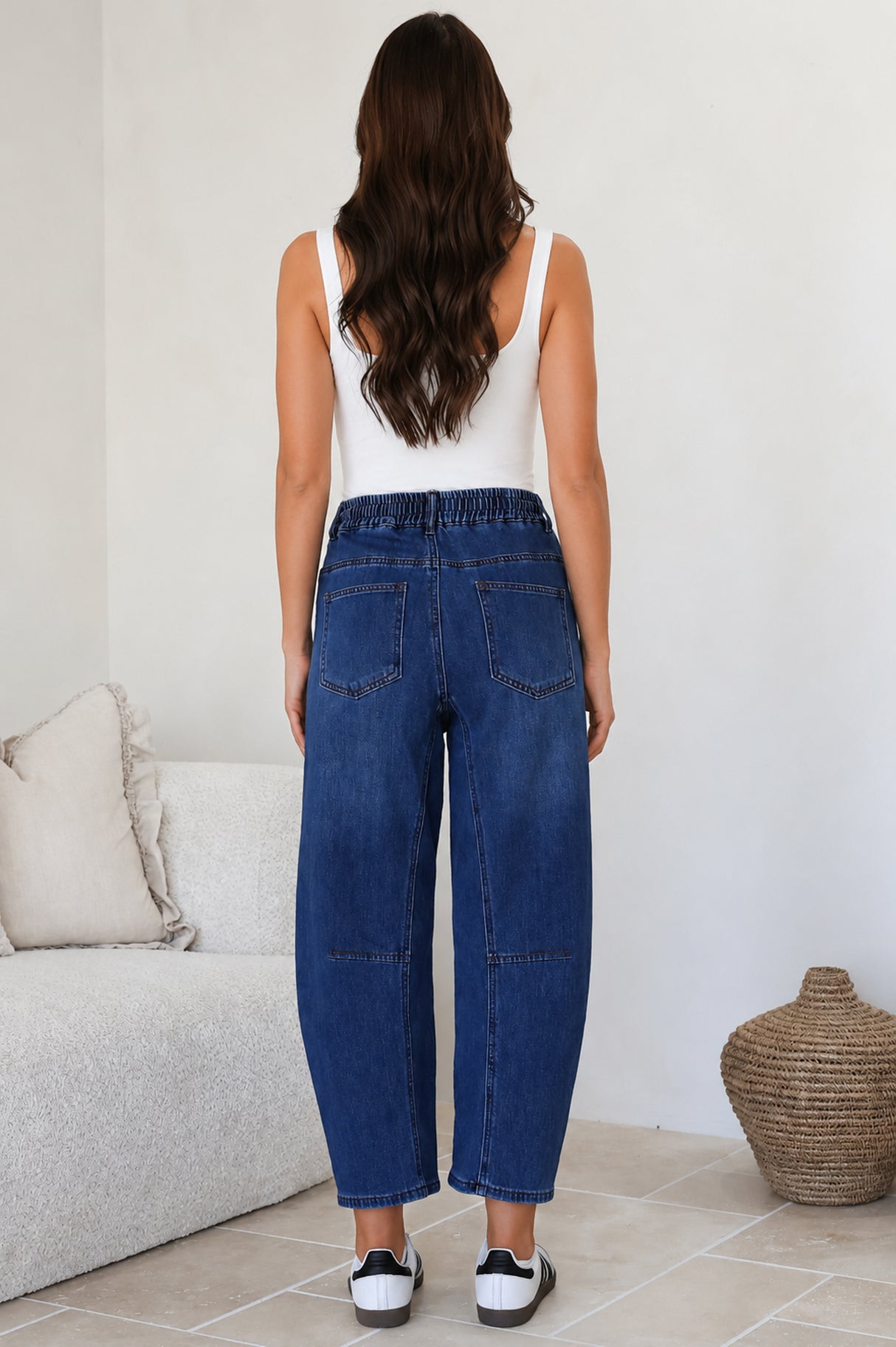 Lowen Barrel Jeans - Elasticated Waist Patch Pocket & Knee Detail Jeans in Dark Denim