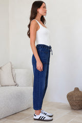 Lowen Barrel Jeans - Elasticated Waist Patch Pocket & Knee Detail Jeans in Dark Denim