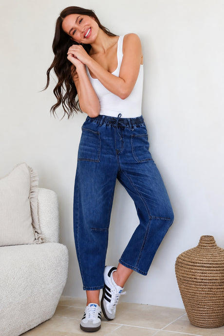 Lowen Barrel Jeans - Elasticated Waist Patch Pocket & Knee Detail Jeans in Dark Denim
