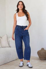 Lowen Barrel Jeans - Elasticated Waist Patch Pocket & Knee Detail Jeans in Dark Denim