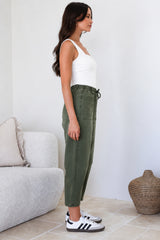 Lowen Barrel Jeans - Elasticated Waist Patch Pocket & Knee Detail Jeans in Khaki