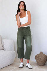 Lowen Barrel Jeans - Elasticated Waist Patch Pocket & Knee Detail Jeans in Khaki