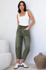 Lowen Barrel Jeans - Elasticated Waist Patch Pocket & Knee Detail Jeans in Khaki
