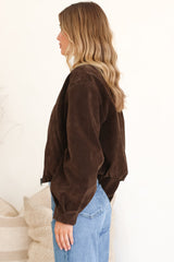 Lowry Jacket - Faux Suede Bomber Jacket with Pockets in Brown