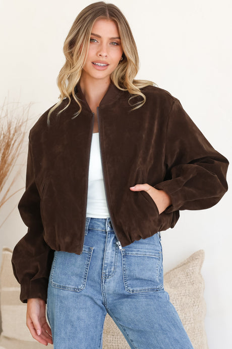 Model wearing Lowry Jacket in Brown from Salty Crush