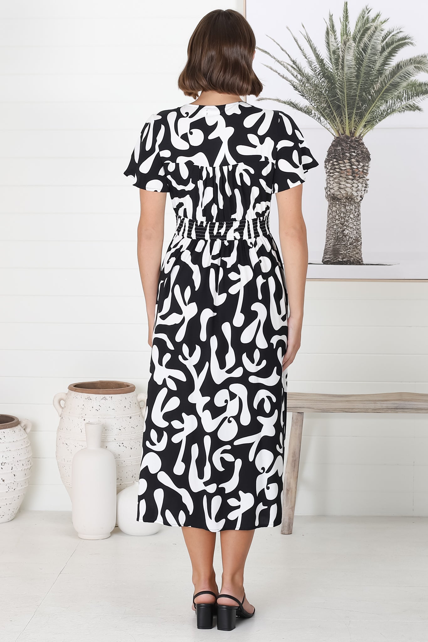 Loya Midi Dress - A Line Cap Sleeve Button Down Dress in Jaxie Print Black
