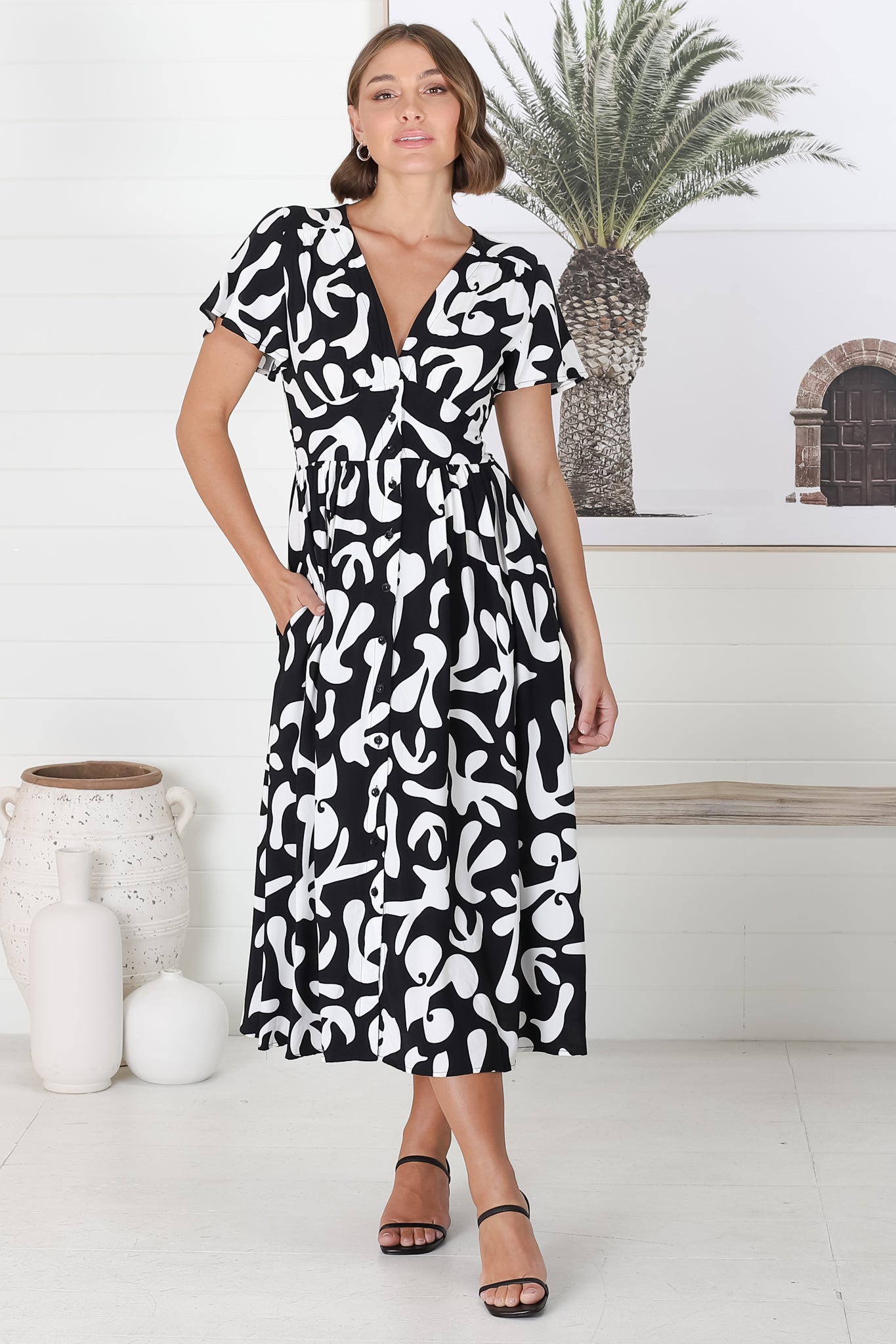 Loya Midi Dress - A Line Cap Sleeve Button Down Dress in Jaxie Print Black