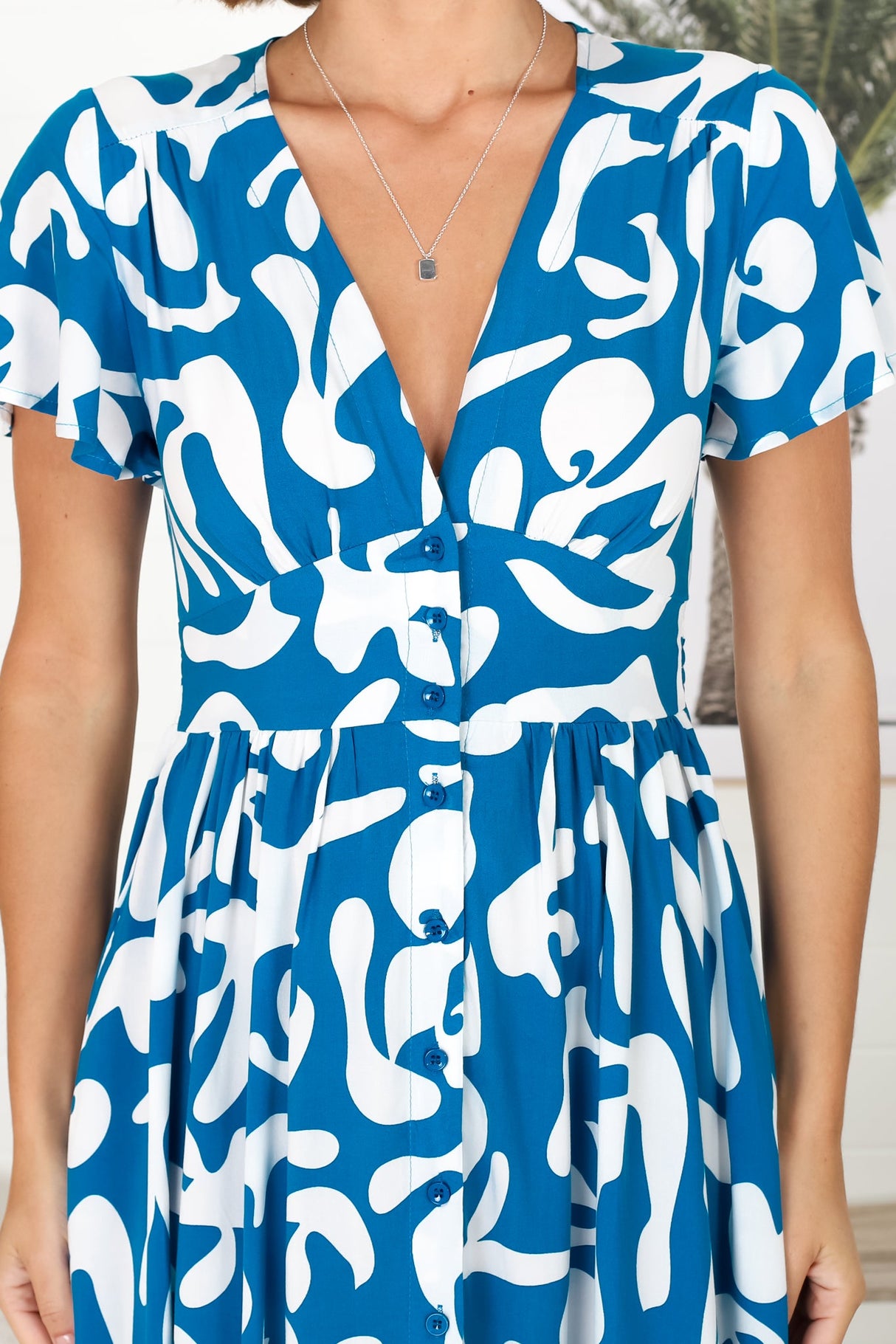 Loya Midi Dress - A Line Cap Sleeve Button Down Dress in Jaxie Print Blue