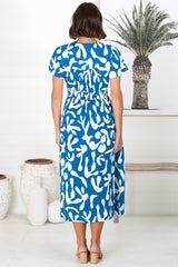 Loya Midi Dress - A Line Cap Sleeve Button Down Dress in Jaxie Print Blue