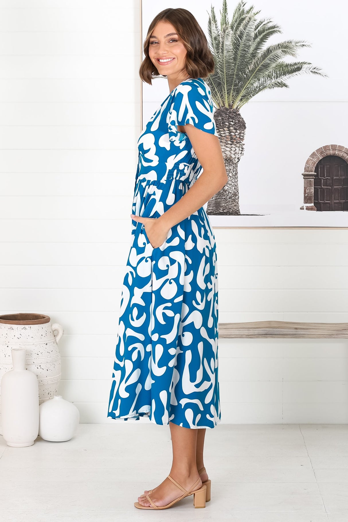 Loya Midi Dress - A Line Cap Sleeve Button Down Dress in Jaxie Print Blue