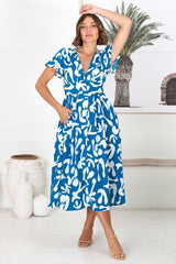 Loya Midi Dress - A Line Cap Sleeve Button Down Dress in Jaxie Print Blue