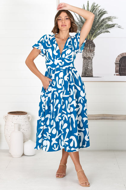 Loya Midi Dress - A Line Cap Sleeve Button Down Dress in Jaxie Print Blue