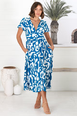 Loya Midi Dress - A Line Cap Sleeve Button Down Dress in Jaxie Print Blue